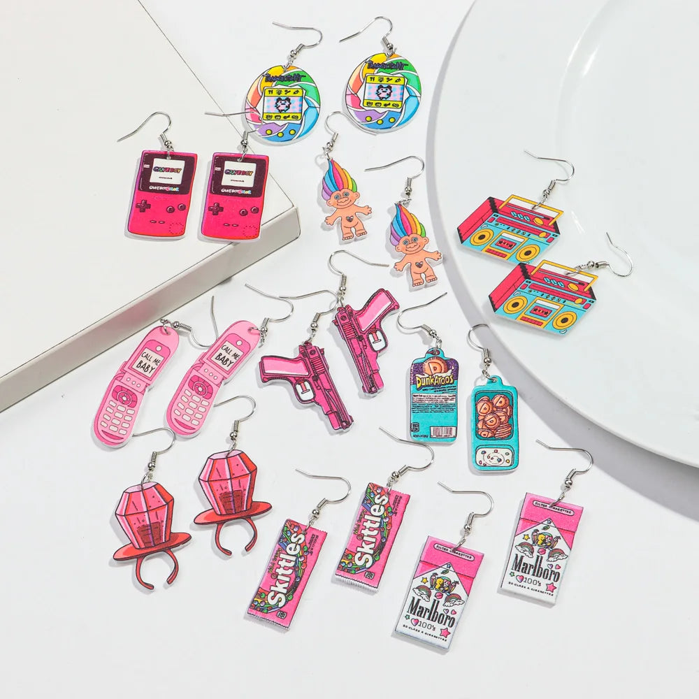 Cute Pink Phone Game Radio High Heels Ring Acrylic Print Earrings for Women Vintage Heart Bear Drop Earring Funny Jewelry