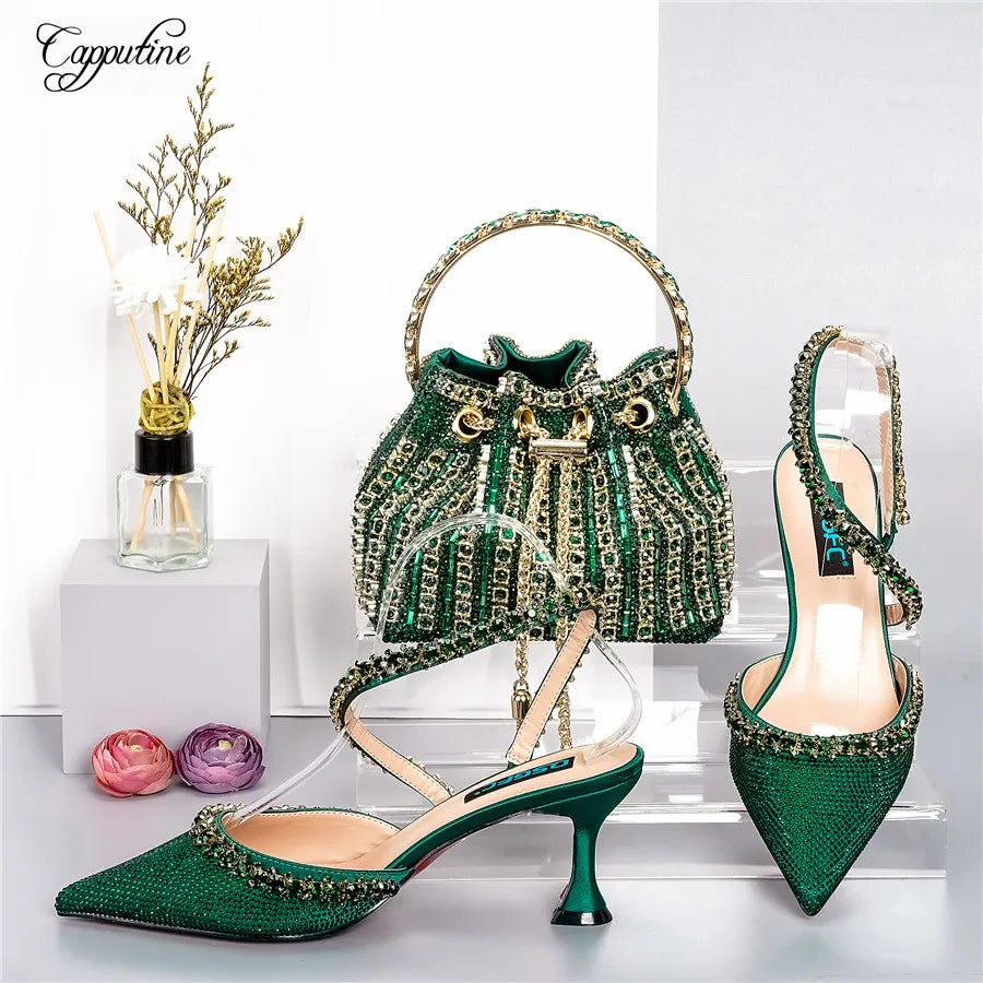 Gold Shoes And Bag Set For Women Luxury Ladies Pumps Match With Handbag Sandals Purse Clutch Escarpins Femme For Party QSL070