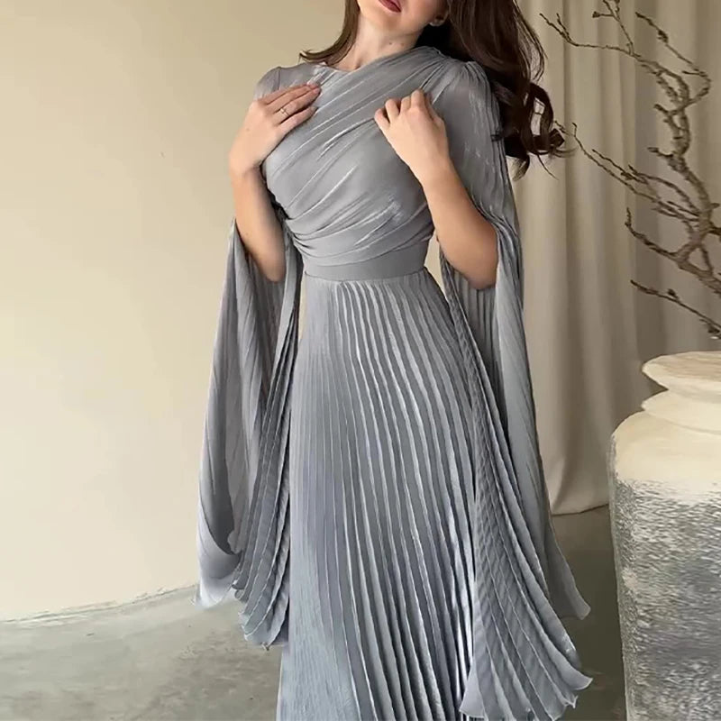 2025 Autumn Women's O-neck Long Sleeve Party Dress Elegant Solid Color Pleated Robe Dress Fashion High Waist Slim Evening Dress