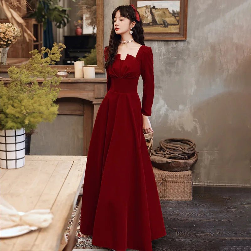 2025 Elegant Long sleeved Office Dress Wine Red Autumn Square Collar A-line Long Skirt Formal Party Wedding Bridesmaid Ball Dres