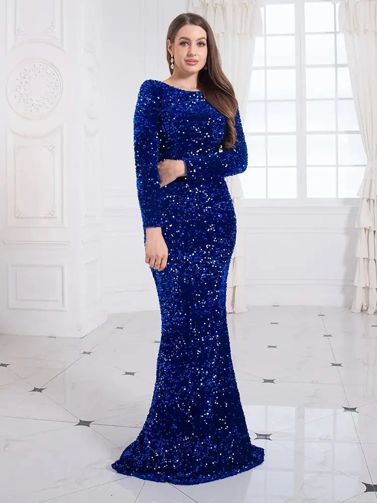 Romagic Women Royal Blue Formal Evening Party Dress Elegant Long Sleeve Stretch Velvet Sequin Mermaid Wedding Gown Dresses