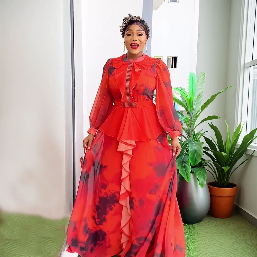 African Dresses for Women 2025 Elegant Turkey Wedding Muslim Print Maxi Dress Plus Size Evening Party Long Dress Africa Clothing