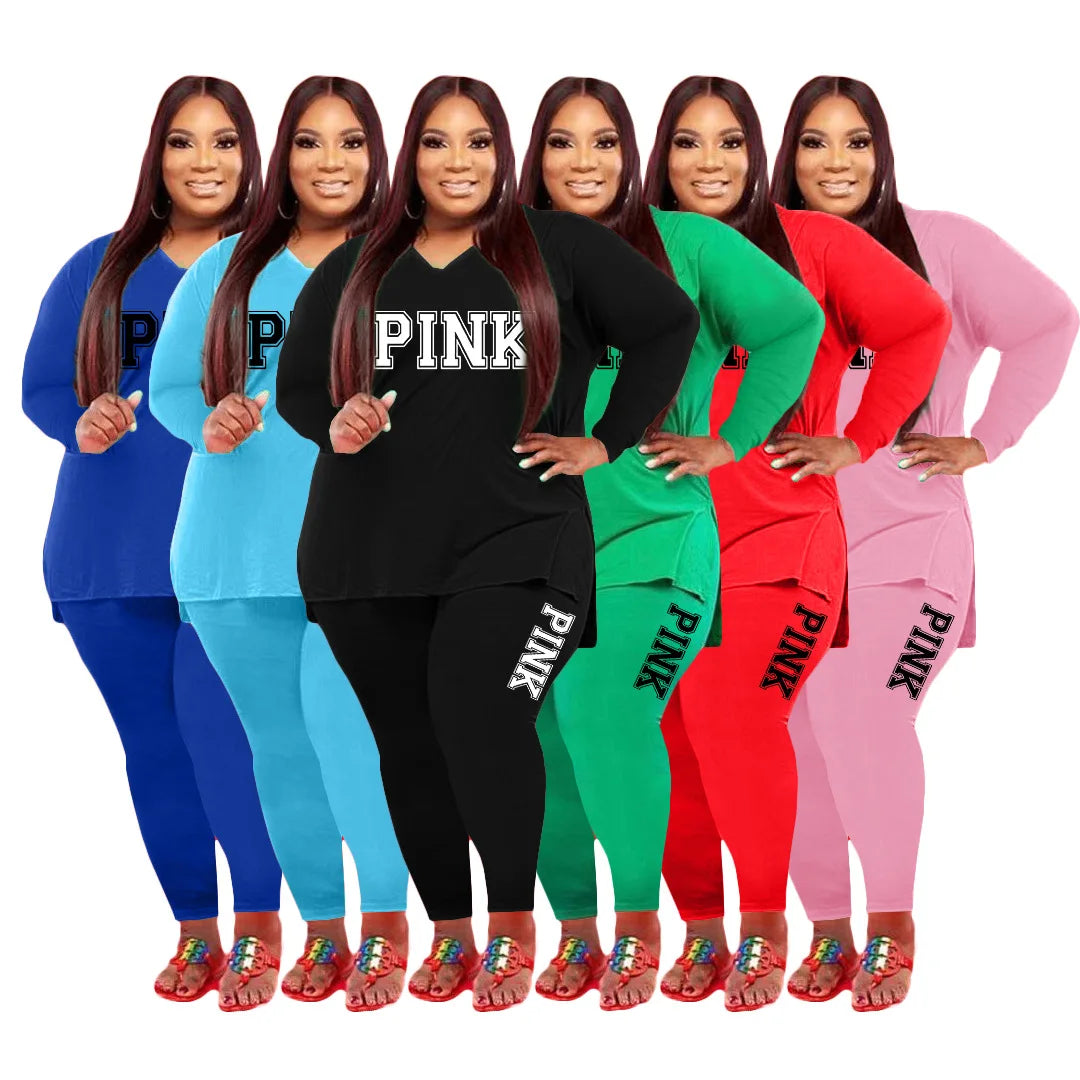XL-5XL Fall 2025 Plus size Women Clothing Two Piece Set Fashion Long Sleeve V Neck top And Pants Print 2 Piece Suit Outfit