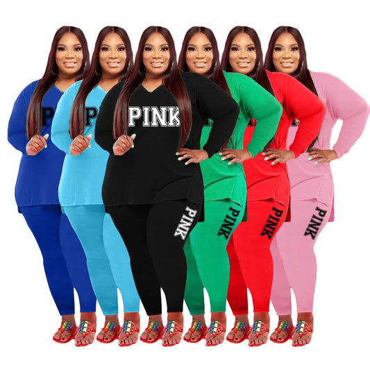 XL-5XL Fall 2025 Plus size Women Clothing Two Piece Set Fashion Long Sleeve V Neck top And Pants Print 2 Piece Suit Outfit