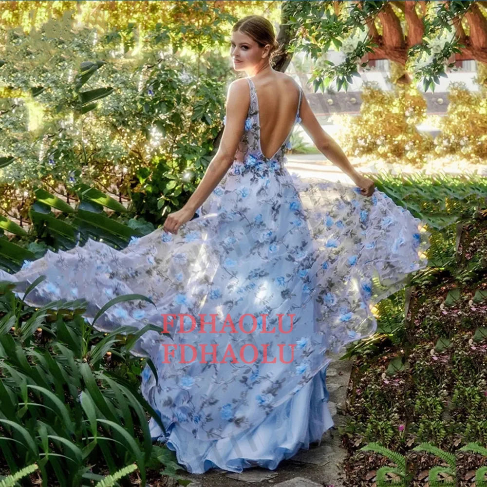 Customized Pastoral Prom Dresses 3D Flowers Blue Evening Exquisite Split Open Back Party V-Neck Gown Women Party Dress