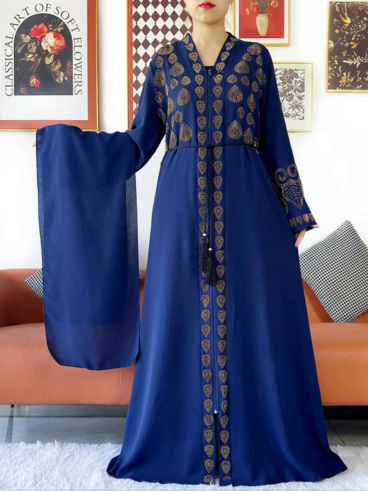 2024 Women Party Dress Chiffon Open Abaya Golden Stones Muslim Women Dress Islamic Clothing Cardigan Abaya Women Muslim Dress