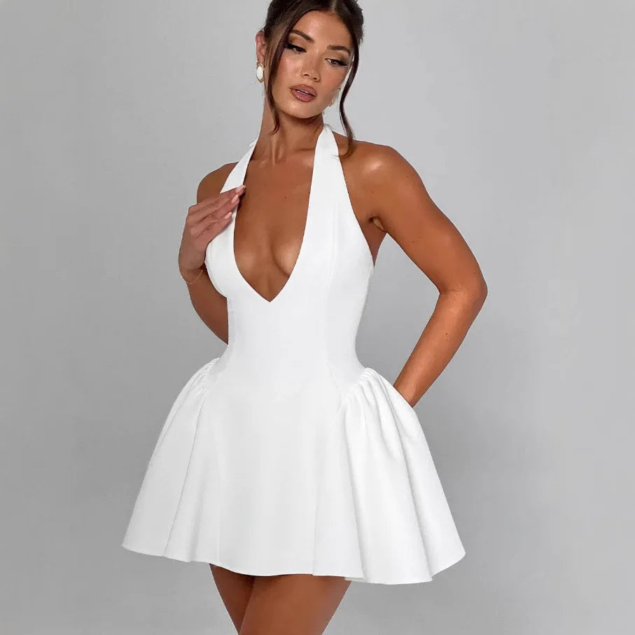 White Slim Halter Evening Party Dress Women Ruffle Robes Elegant Sexy Dress Bodycon Mini Summer Dress Vestidos