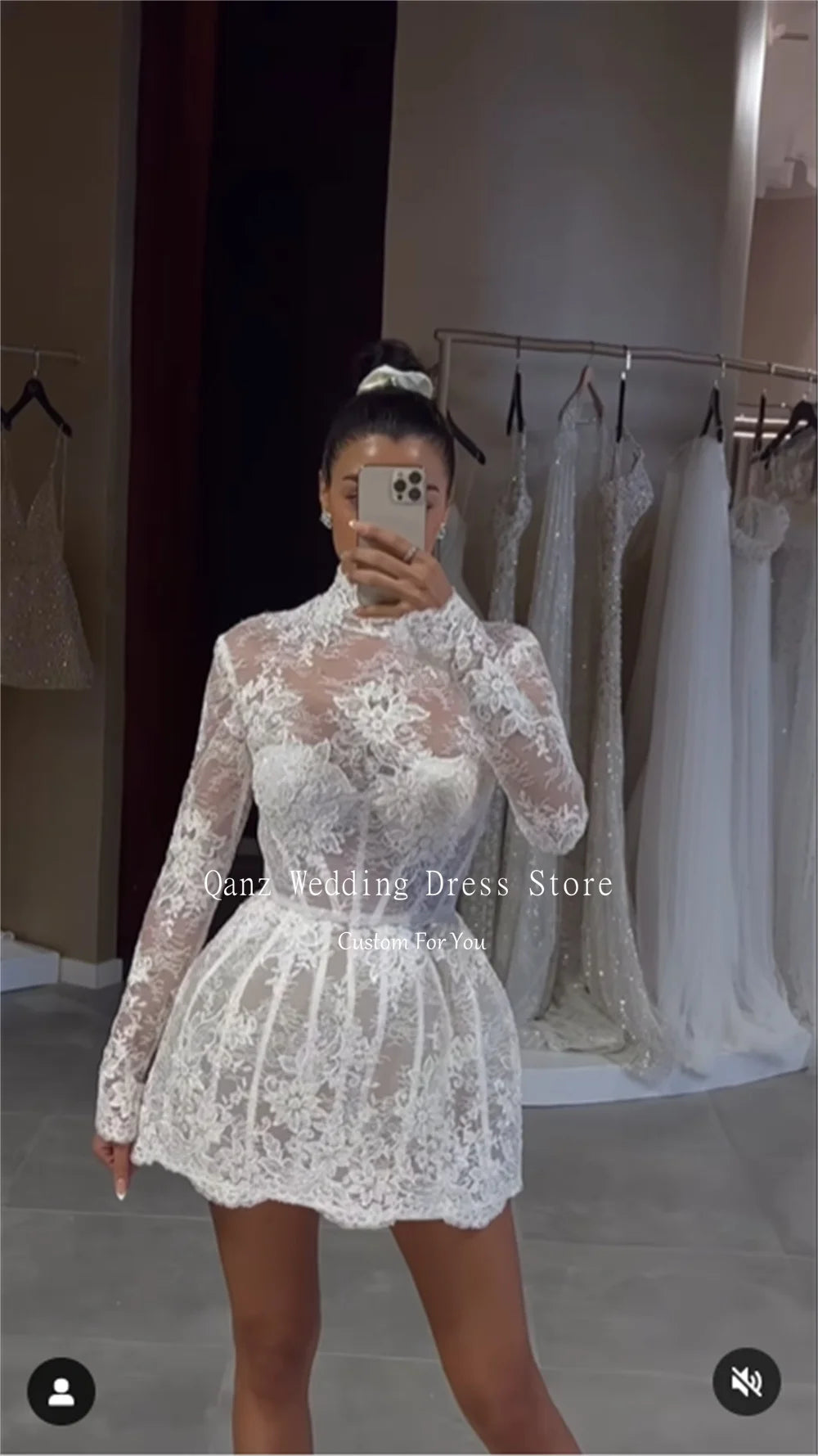 Qanz Chic Lace Bride Dress Short High Neck Long Sleeves Wedding Party Dress women Mermaid Backless Vestido De Novia Customized