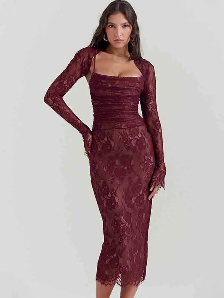 Avrilyaan Lace Print Bodycon Sexy Dress Women Robes Elegant Evening Party Dress Bodycon Spring Midi Long Dress Vestidos
