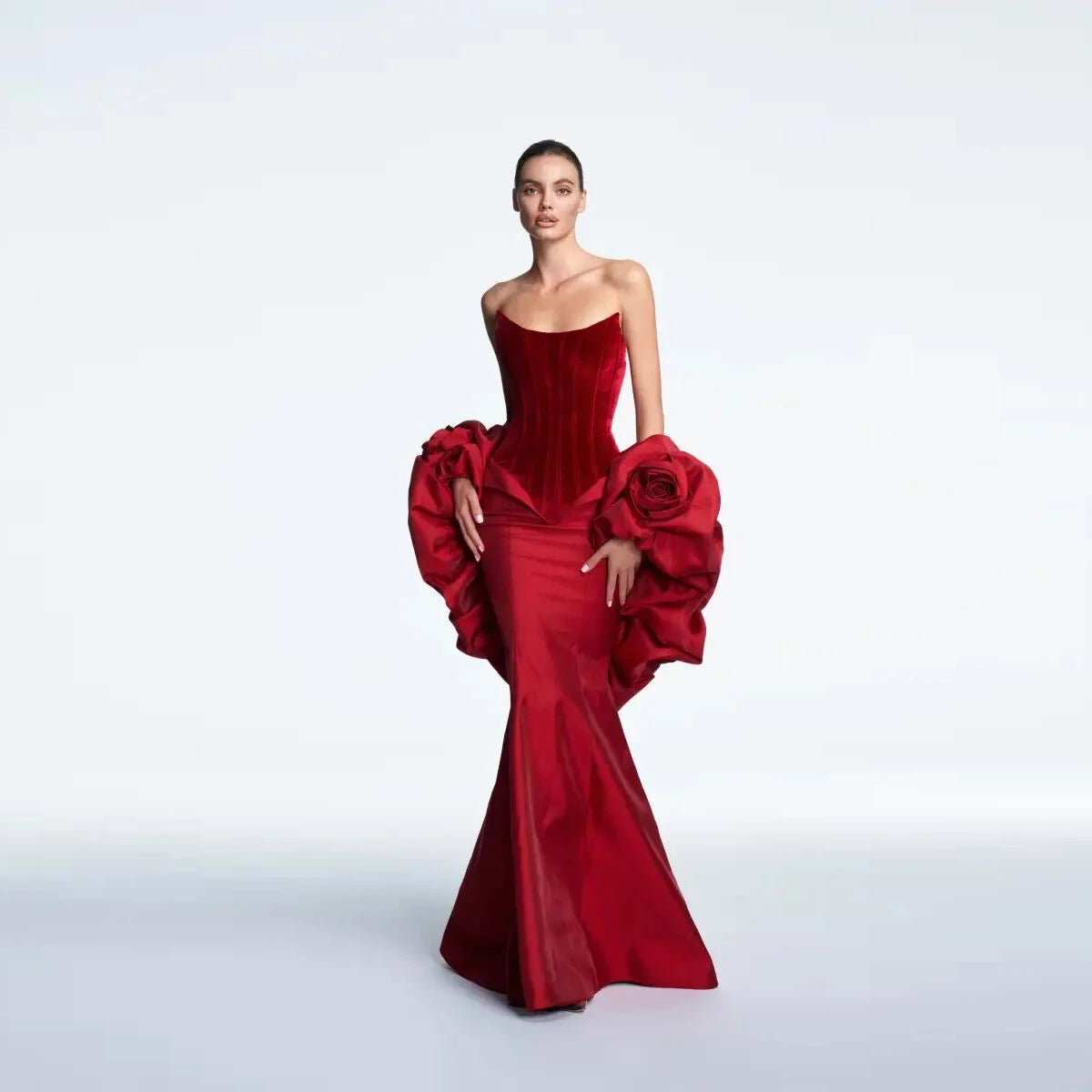 Beauty Burgundy Strapless Trimmed Mermaid Bridal Dresses Women Formal Party Dress Corset Floral Long Maxi Gowns Ruffles