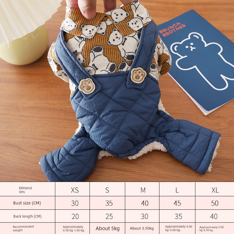 Dog Winter Cartoon Print Suspenders Minlature Pinscher Small Shiba Inu Teddy Puppy Puppy Winter Clothing Warm Four-Legged Pet Clothing