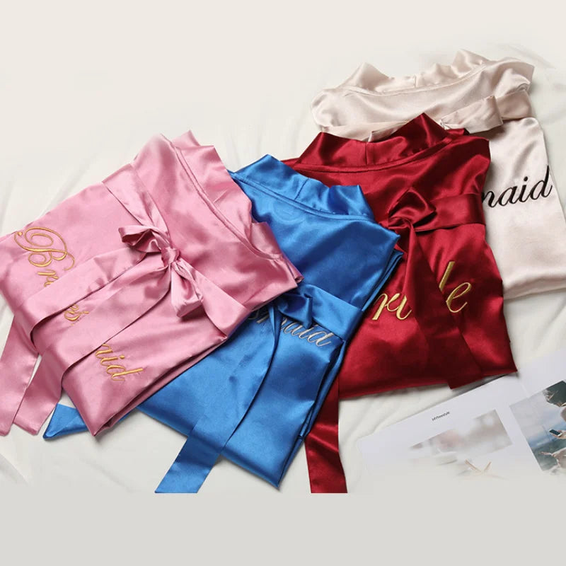 Bride Bridesmaid Morning Kimono Bathrobe Gown Embroidery Wedding Robe Nightgown Summer Female Nightdress Loose Satin Home Wear