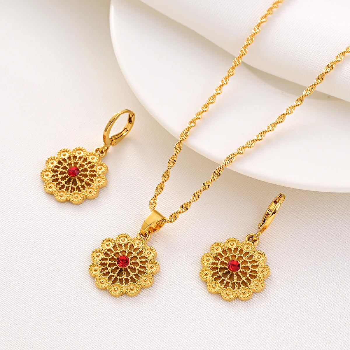18k Gold Plated Africa dubai Cute Necklace pendant Earrings Wedding Birthday Party Jewelry Sets For Women Girl Gifts