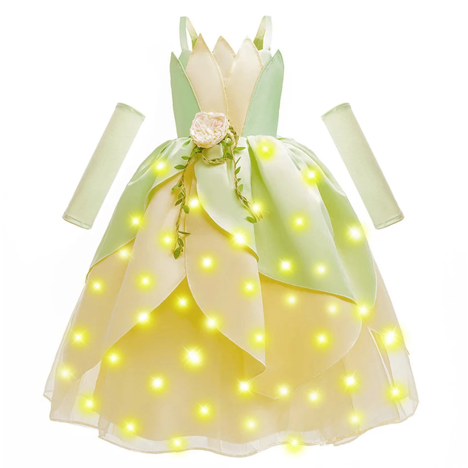 Fancy Girl Princess Tiana Costume Dress The Frog Cosplay Floral LED Light Up Clothing Halloween Girl Kids Christmas Party 2-11T