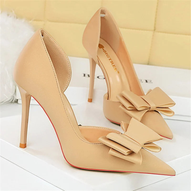 Women 10.5cm High Heels Satin Silk Butterfly Knot Purple Pumps Lady Wedding Bridal Escarpin Blue Green Peach Fashion Party Shoes