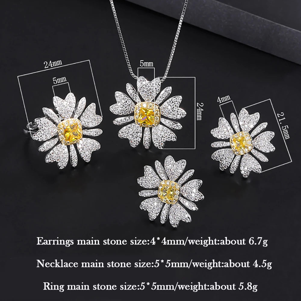Topaz Sunflower Gemstone Necklace Pendant Ring Earrings Wedding Party Fine Jewelry Set for Women Birthday Gift