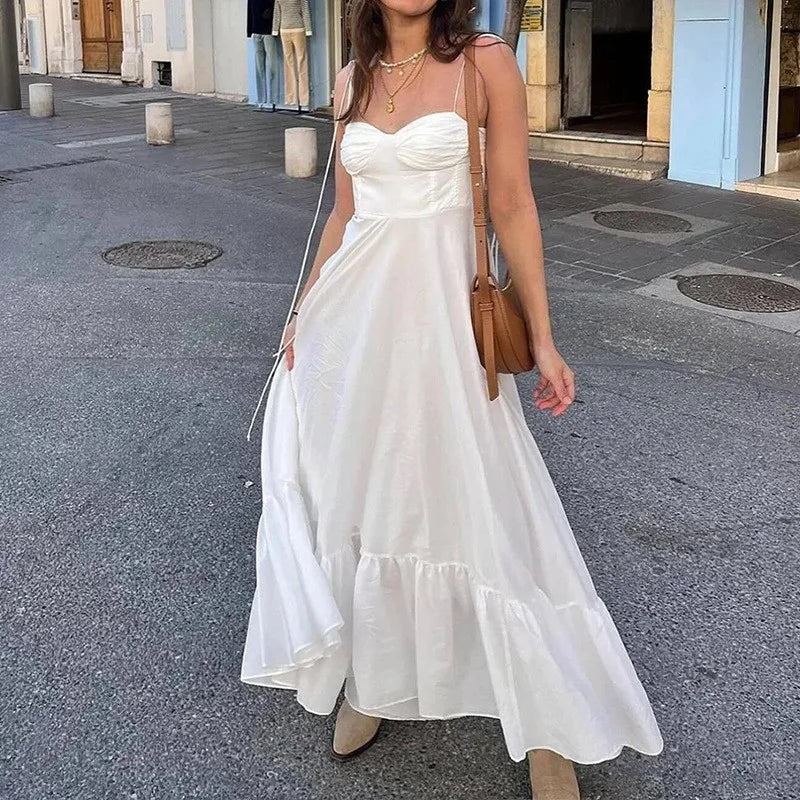Women's White Party Dress Ruffle Spaghetti Strap Sleeveless Elastic High Waist Maxi Dresses Summer Sexy Evening Female Vestidos