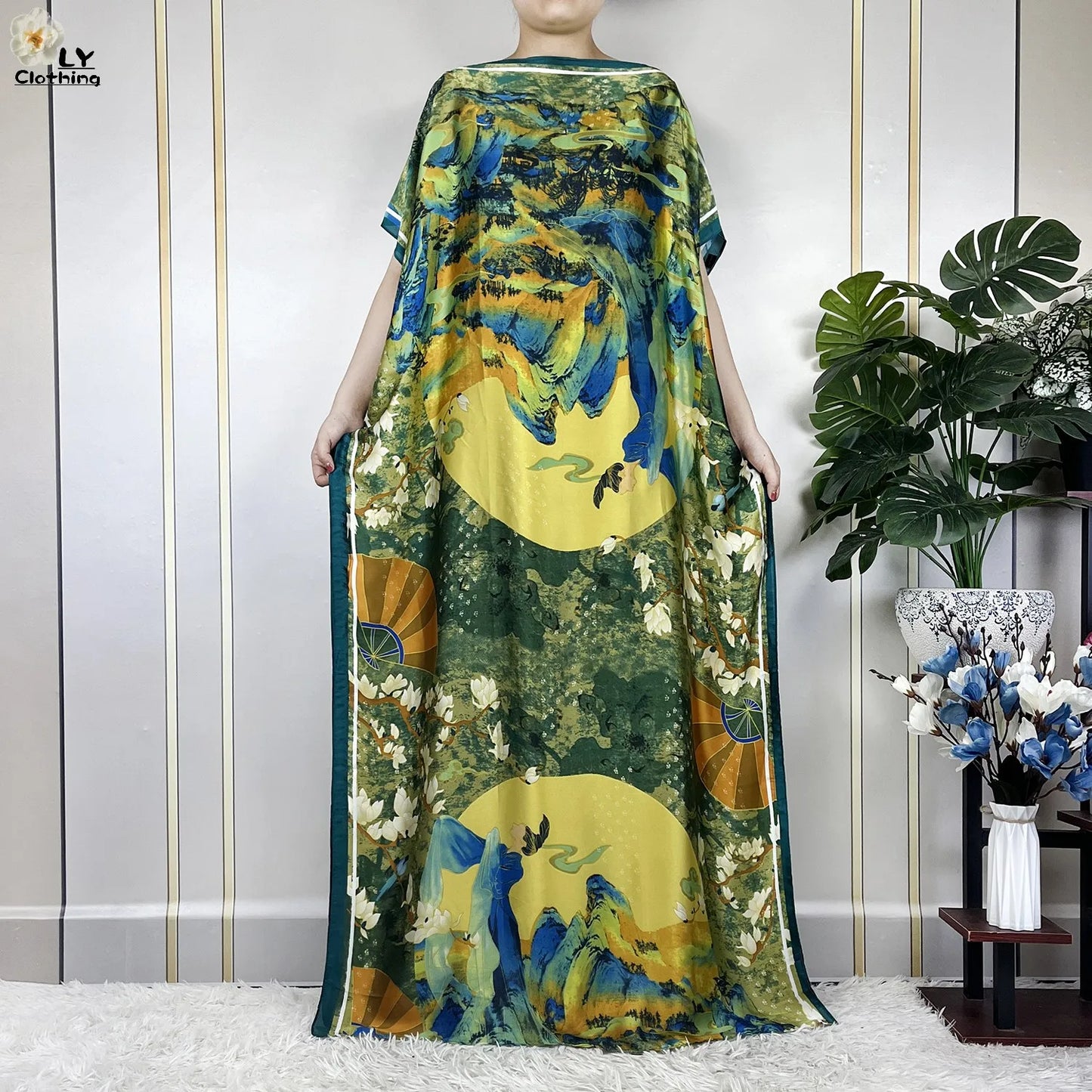 Muslim Abayas For Women 2025 New Fashion Printed Silk Soft Loose Femme Elegant Robe African Maxi Party Dresses With Belt Turban