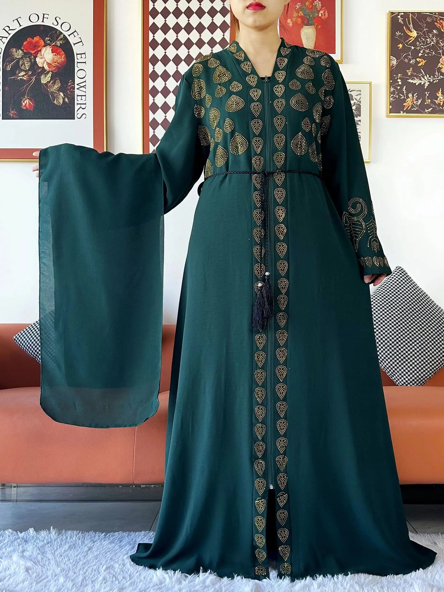 2024 Women Party Dress Chiffon Open Abaya Golden Stones Muslim Women Dress Islamic Clothing Cardigan Abaya Women Muslim Dress