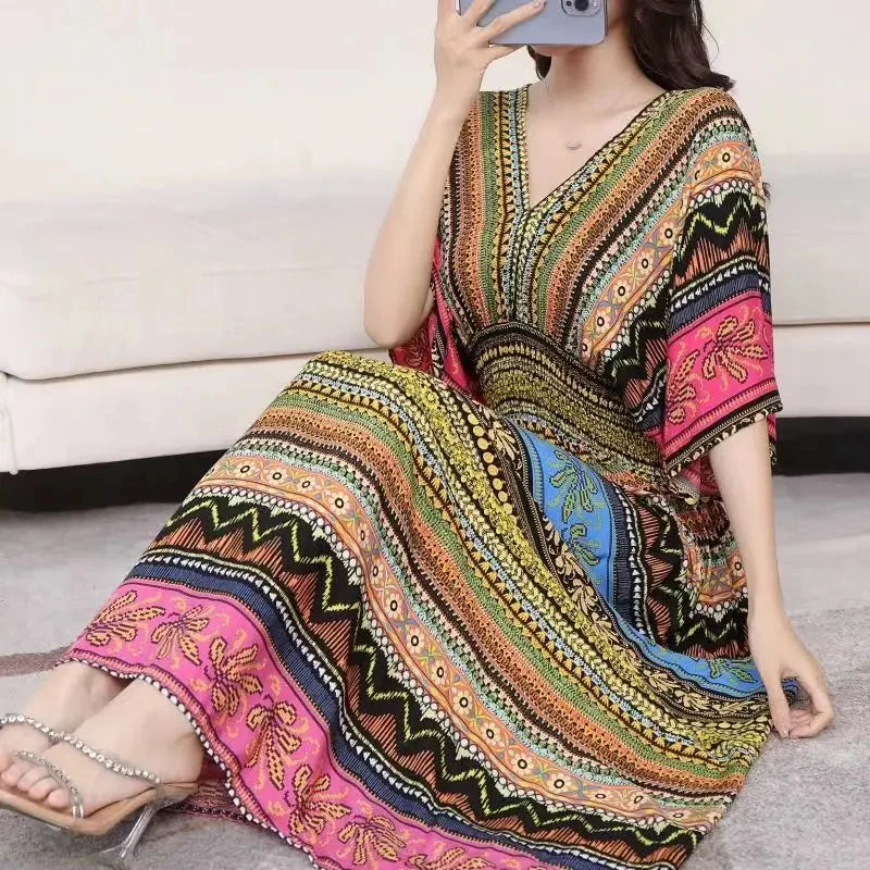 Bohemian Dress New Midi Dress Striped Colorful Flower V-Neck Party Dress Elastic Waist Large Swing Skirt Youthful Woman Clothes