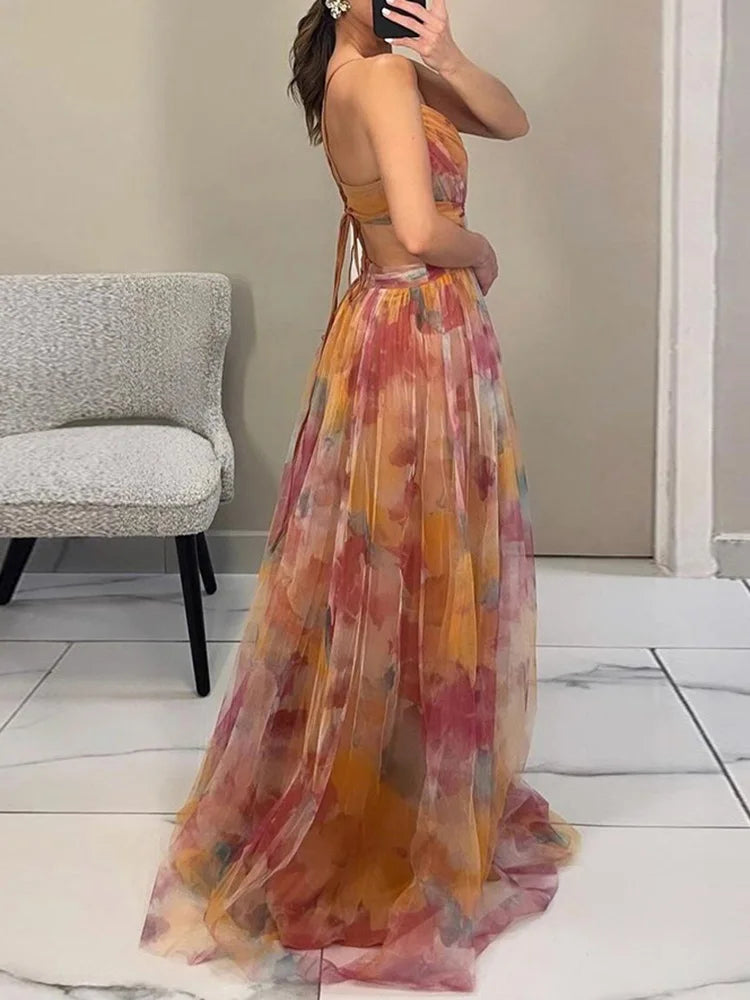 V-Neck Sexy Hollow Out Party Dress, Women Summer Loungewear Fashion Printing Maxi Dress, Sleeveless Lace-Up Ladies Dress Vestido