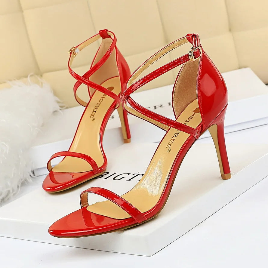 BIGTREE Shoes Pumps Open Toe High Heels Patent Leather Women Heels Stiletto 11 Cm 7.5cm Summer Heels Sandals Women Party Shoes