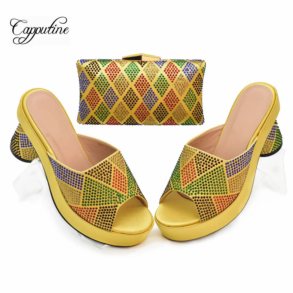 Magenta Women Shoes And Bag Set African High Heels Slippers Match With Purse Handbag Pumps Pantoufle Femme Pantofole 938-78