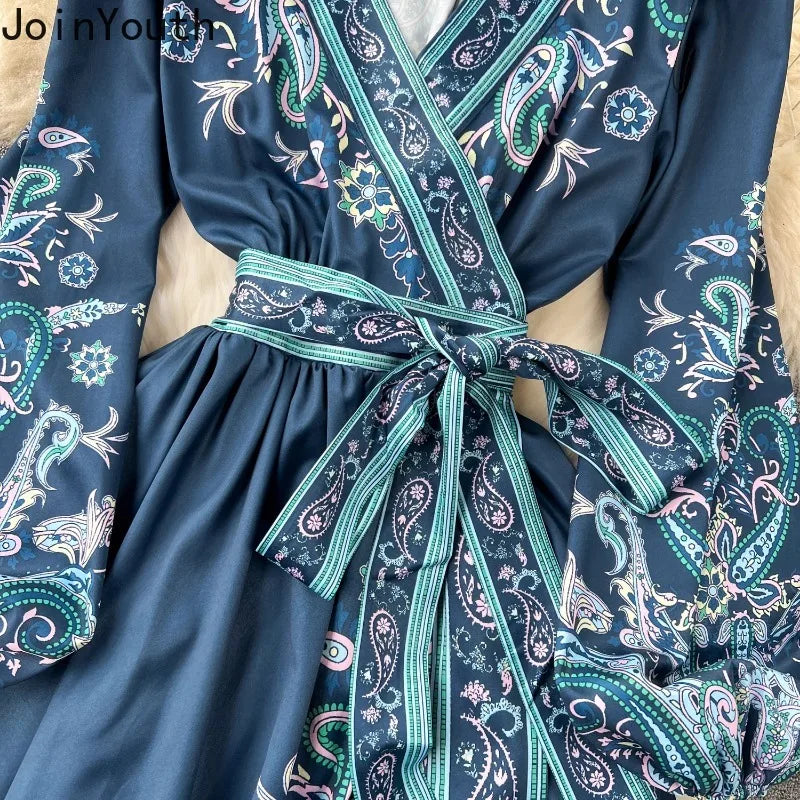 Vintage Women Party Dress Lantern Sleeve Bandage Slim Waist Print Long Robe Femme Vestidos De Mujer Big Swing Maxi Dresses