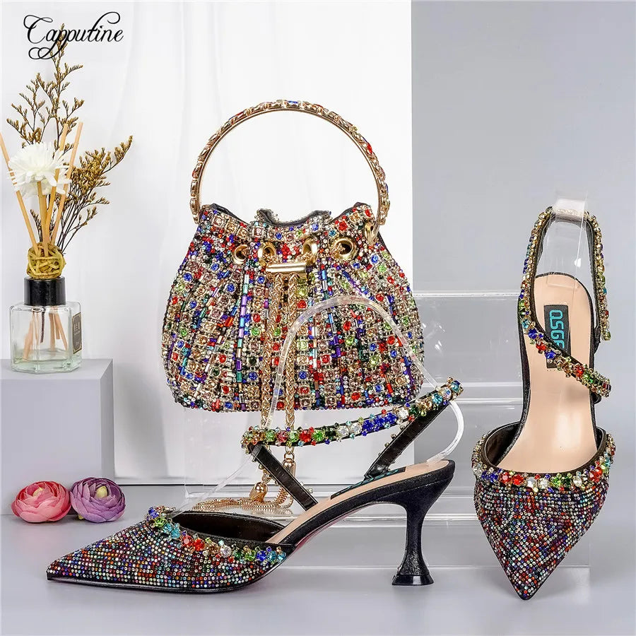 Gold Shoes And Bag Set For Women Luxury Ladies Pumps Match With Handbag Sandals Purse Clutch Escarpins Femme For Party QSL070