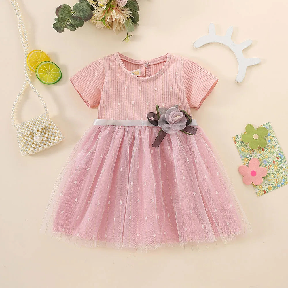 New Baby Girls Dress Short Sleeve Crew Neck Shaggy Flower Bow Netting Sweet Princess Dress Birthday Party Dress