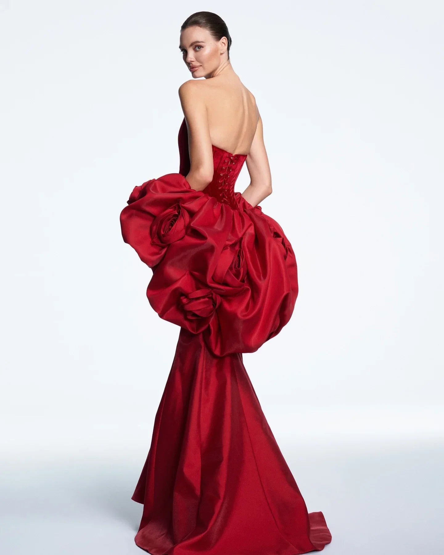 Beauty Burgundy Strapless Trimmed Mermaid Bridal Dresses Women Formal Party Dress Corset Floral Long Maxi Gowns Ruffles