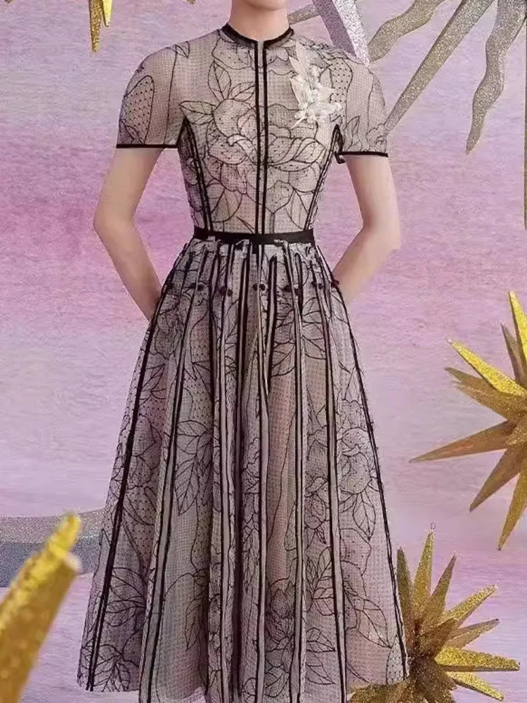 UCXQ Vintage Party Dress Fashion O Neck Short Sleeve Lace Mesh Embroidery Elegant Long Dresses For Women 2025 Spring Summer 8980