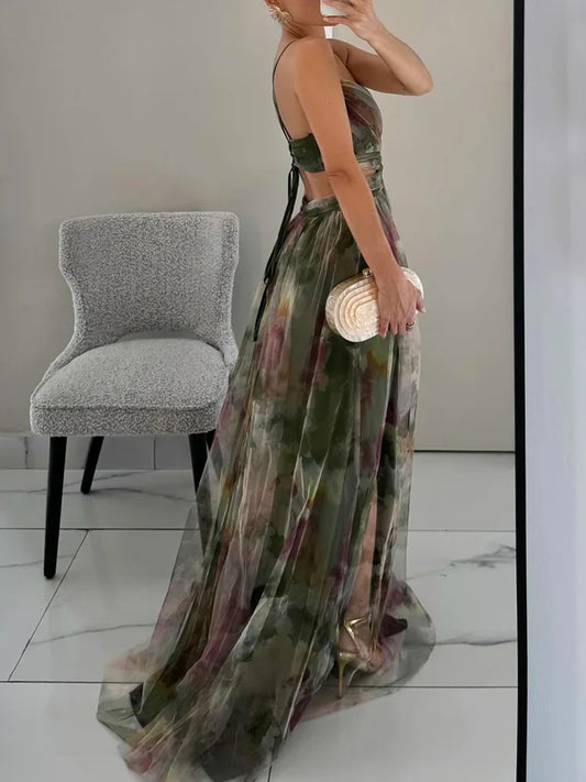 V-Neck Sexy Hollow Out Party Dress, Women Summer Loungewear Fashion Printing Maxi Dress, Sleeveless Lace-Up Ladies Dress Vestido