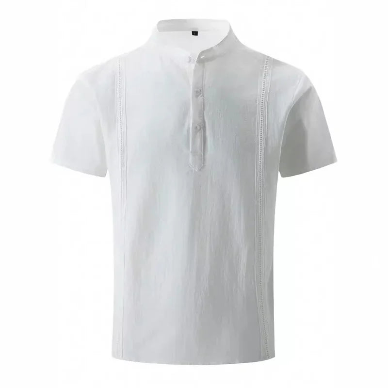 new men's short sleeve Henri collar solid color Cuban Guayabera cotton shirt fashion trend beach men's top
