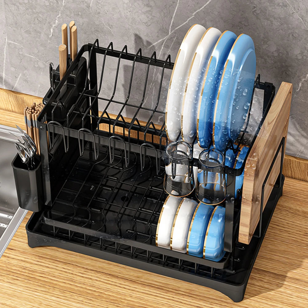 2 Tier Kitchen Dish Drying Rack with Drain Basket Bowl Chopsticks Knife Fork Cup Storage Rack Kitchen Plates Organizer