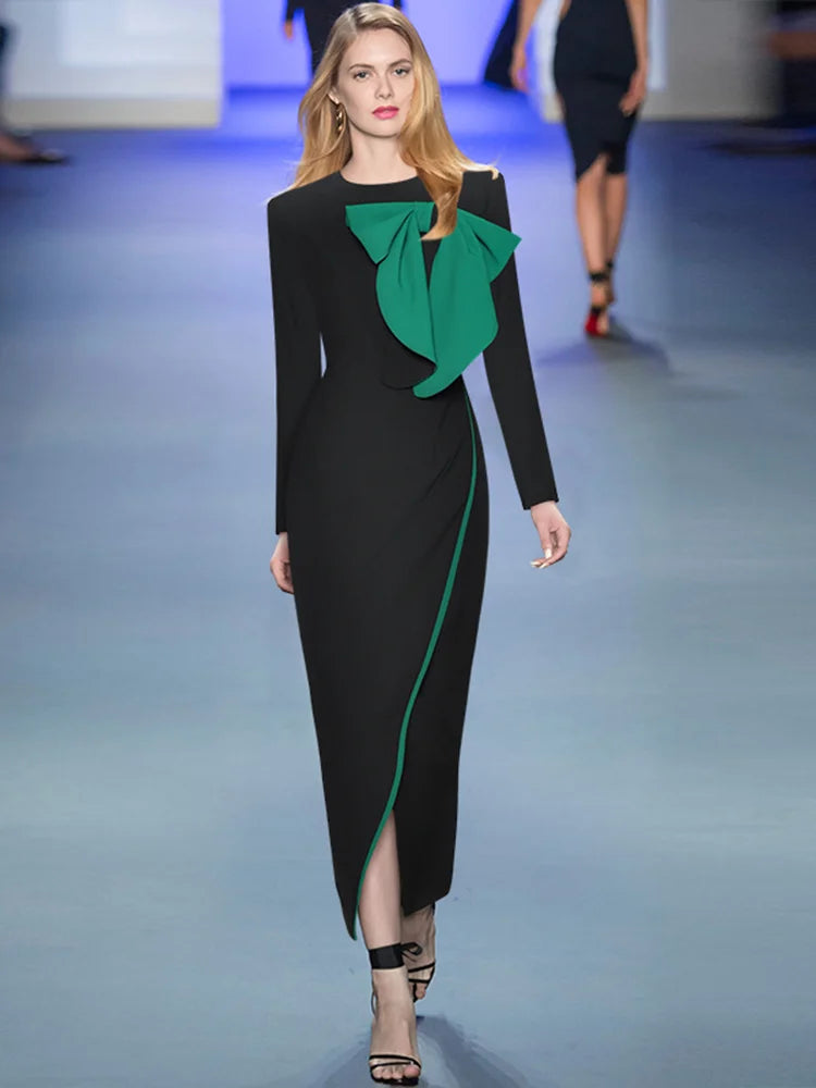 Bow Spliced Formal Dresses For Women Round Neck Long Sleeved Mid Length Contrast Slim Party Dress New Clothing