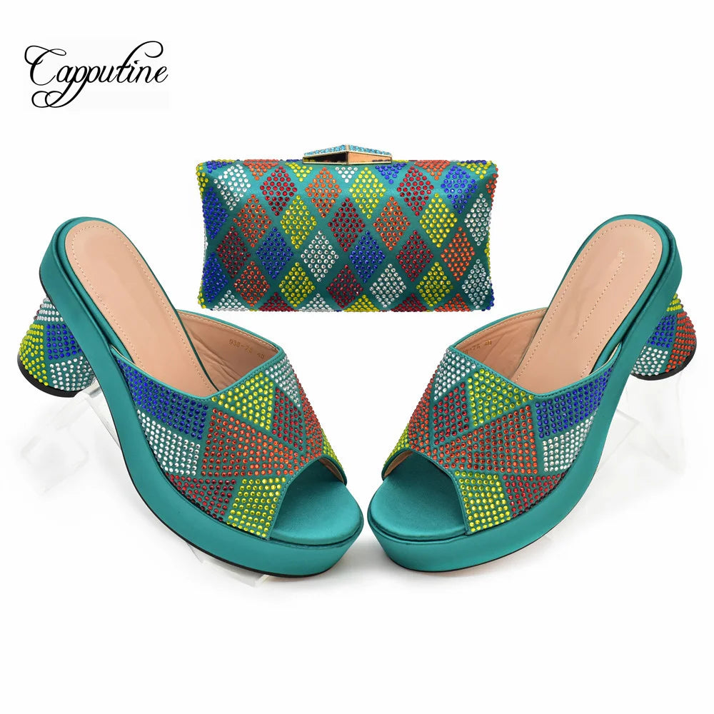 Magenta Women Shoes And Bag Set African High Heels Slippers Match With Purse Handbag Pumps Pantoufle Femme Pantofole 938-78