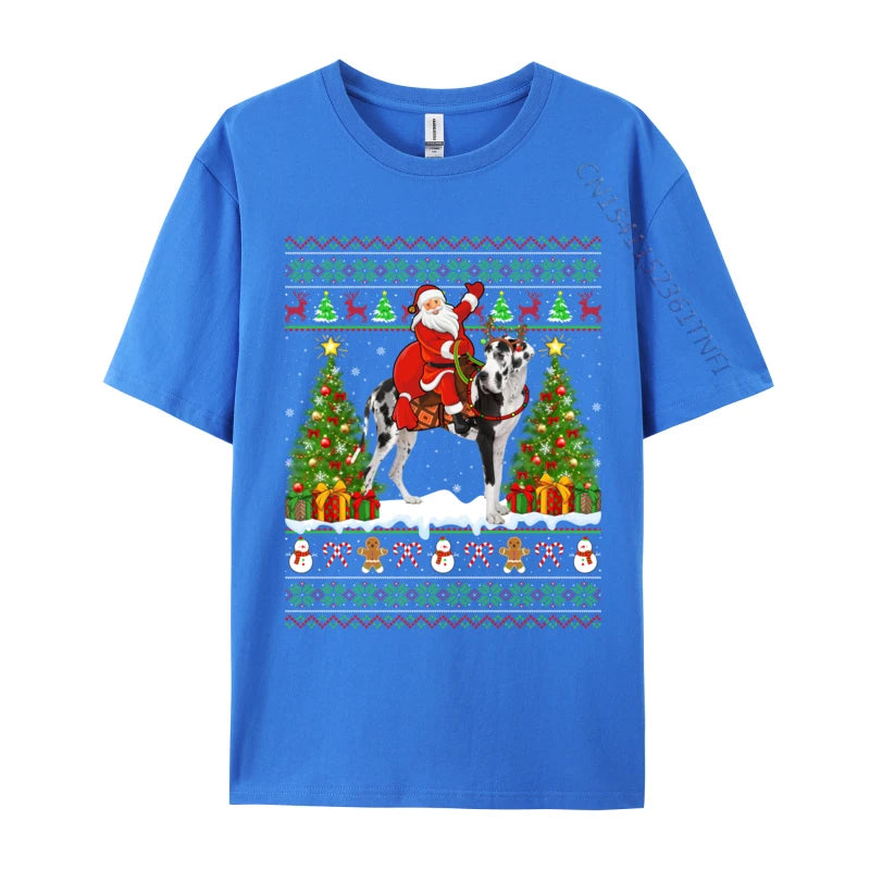 Xmas Sweater Ugly Santa Riding Great Dane Dog Christmas T Shirt Novelty Tees Classic Crew Neck T-Shirts Gift Idea Clothing