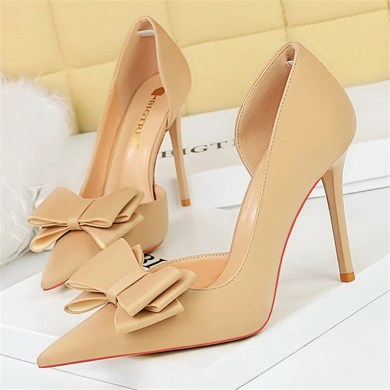 Women 10.5cm High Heels Satin Silk Butterfly Knot Purple Pumps Lady Wedding Bridal Escarpin Blue Green Peach Fashion Party Shoes