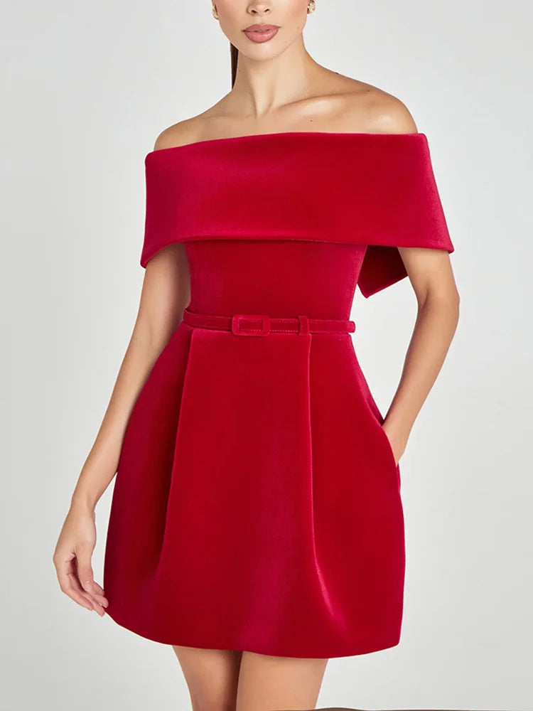 Slash Neck Off The Shoulder Solid Mini Dress, Women Spring Summer Patchwork Simple Party Dress, Short Sleeve Ladies Dress