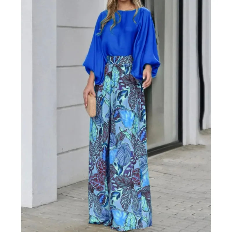Summer New Women's Clothing Set Lantern Sleeves Loose Top Printed Wide Leg Pants Two Piece Set Casual Ladies Trouser Outfit