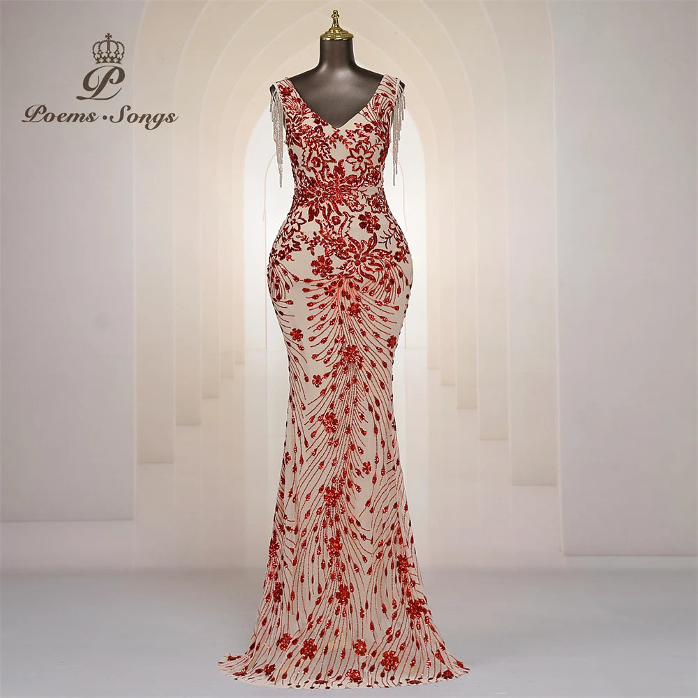 Sexy beaded sleeves Mermaid Evening Dresses For Women Prom Dresses Maxi dress Party dress Beautiful evening gowns
