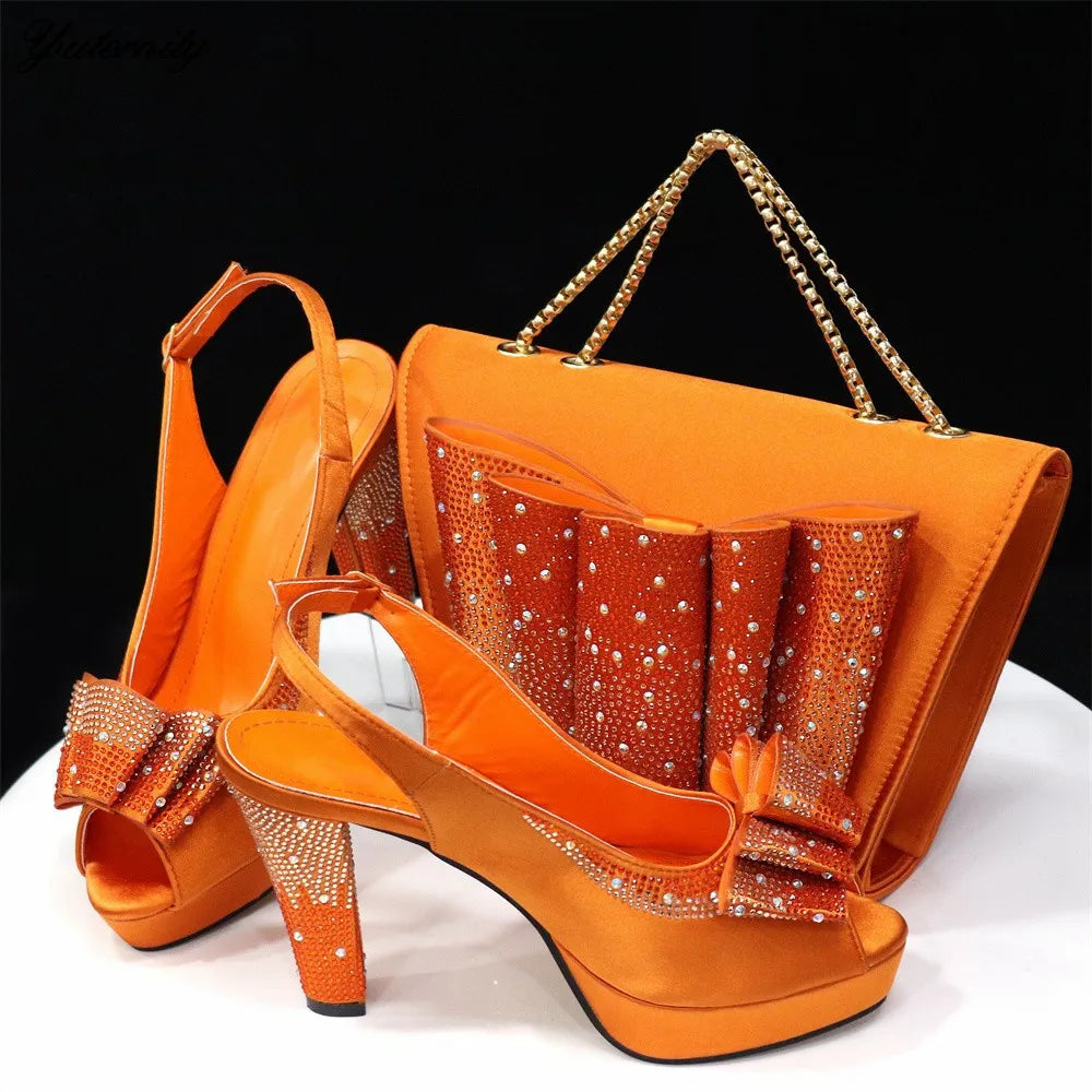 Fashion New Design PU With Rhinestone Woman Shoes And Purse Set Italian Style Sandal Shoes With Matching Bag Set For Party Dress