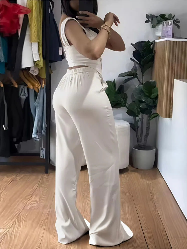 Chic Women Suit Sexy Two Piece Set Summer Sleeveless Slim Vest And Wide-leg Trouser Sets Elegant Solid Pants Women's Outfit