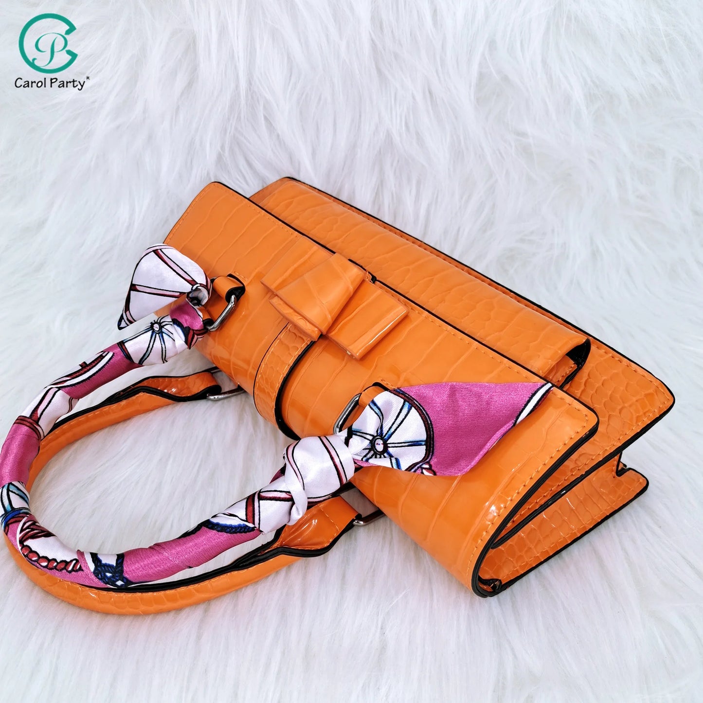 Classic patent leather retro women’s bag with matching pointed-toe shoes Ribbon Embellishment Handle Pointed Toe Shoes And Bag