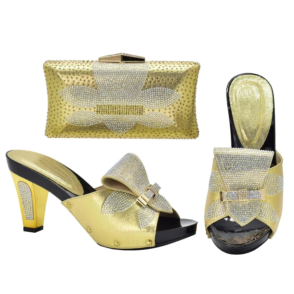 African Shoes and Bag Sets for Women Italian Shoes with Matching Bags for Party Luxury Ladies Shoes Heels Full Rhinestone Purse