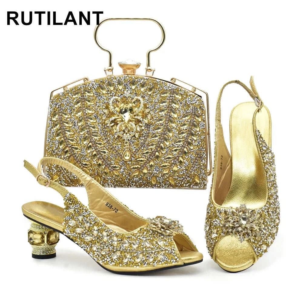 New Fashion Womens Matching Shoe and Bags Set Decorated with Rhinestone Elegant Party Pumps with Purse Wedding Shoes Bride