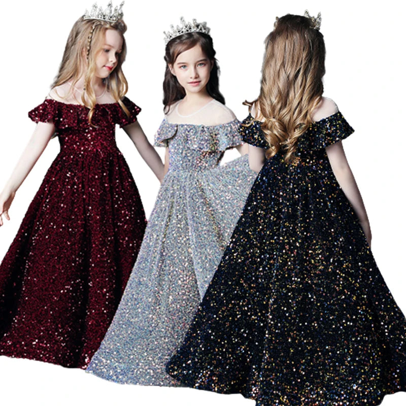 Kids Dresses For Party Wedding Dress Sequins Children Pageant Gown Gorgeous Girls PrincessTulle Dress Toddler Girl Clothing