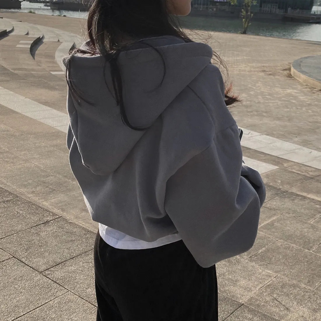 Casual Hood Sweatshirt Women Fall Zip Up Hoodies Solid Harajuku Long Sleeve Shirt Oversized Crop Tops Female Loose Jackets Coat
