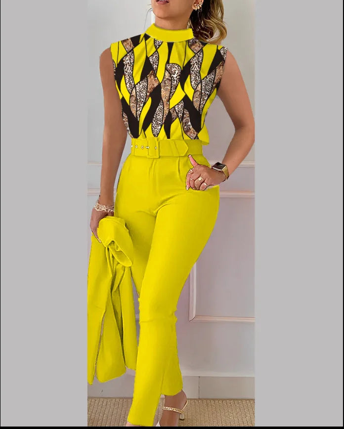 Office For Women Elegant Sleeveless Print Shirt And Pant Set Fashion Casual O-neck Slim Pants Two Piece Set Summer Outfits